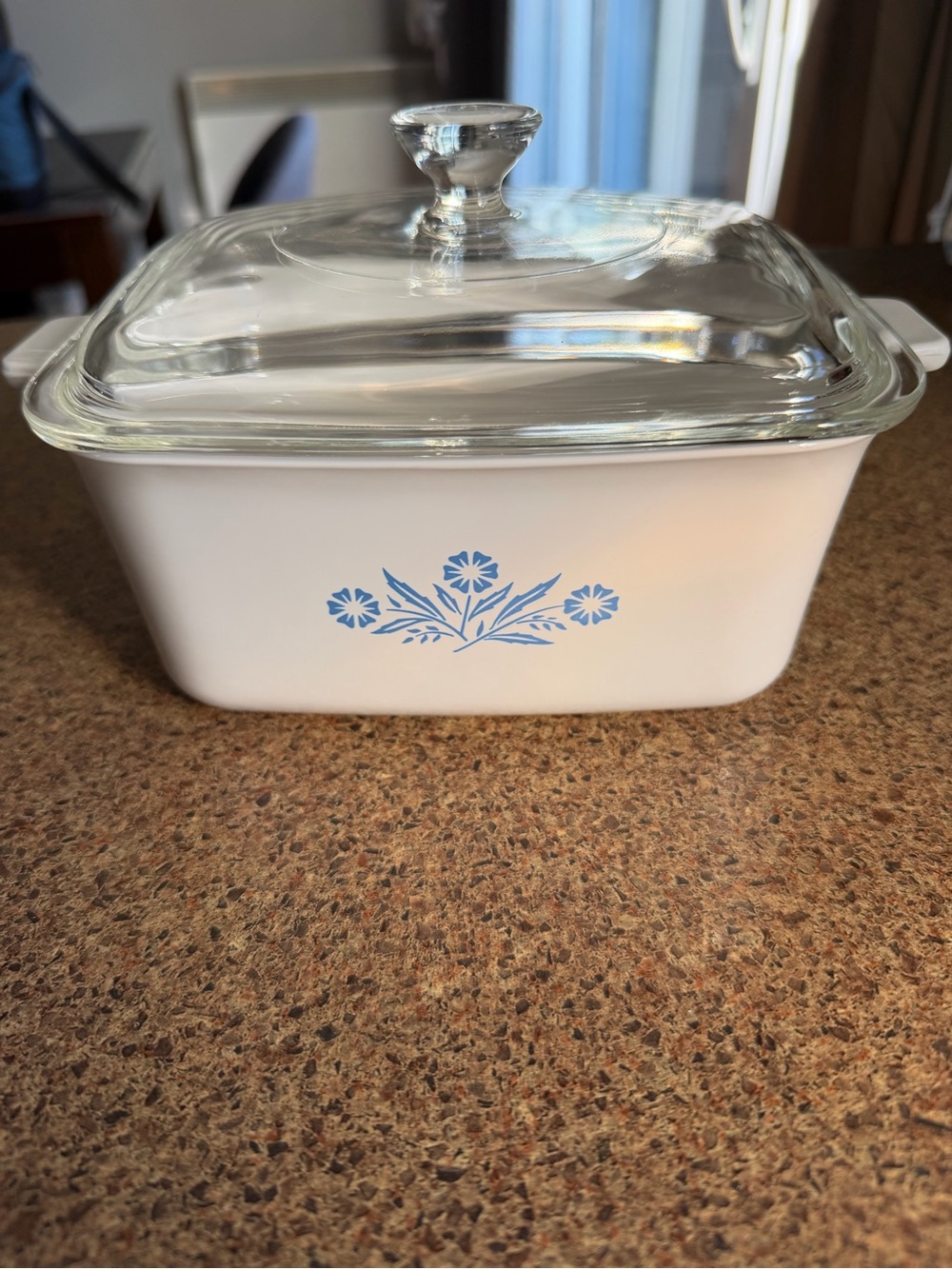 Corningware White Casserole with Blue Floral Motif and Glass Lid